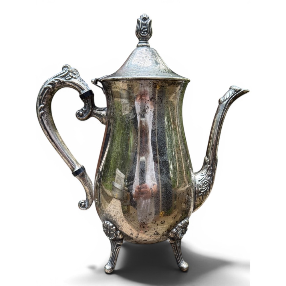 Vintage Leonard Silverplated Coffee Pot Ornate Footed Teapot with Hinged Lid